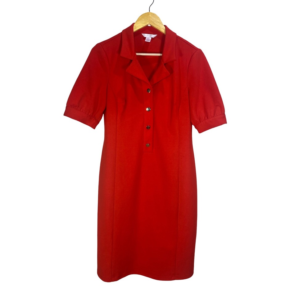 London Times Red Short Sleeve Button Front Shift Dress with Collar Size 8 Carer